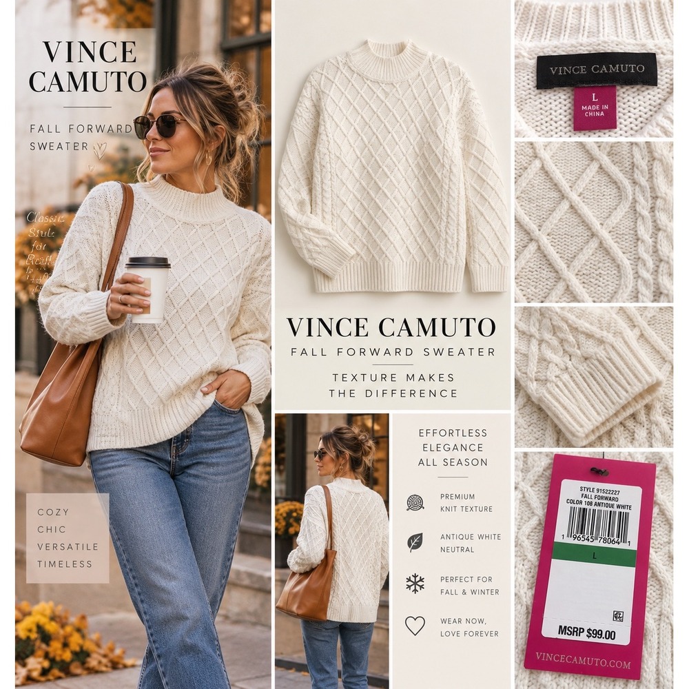 Vince Camuto Fall Forward Sweater L Antique White Cable Knit Mock Neck 91522227